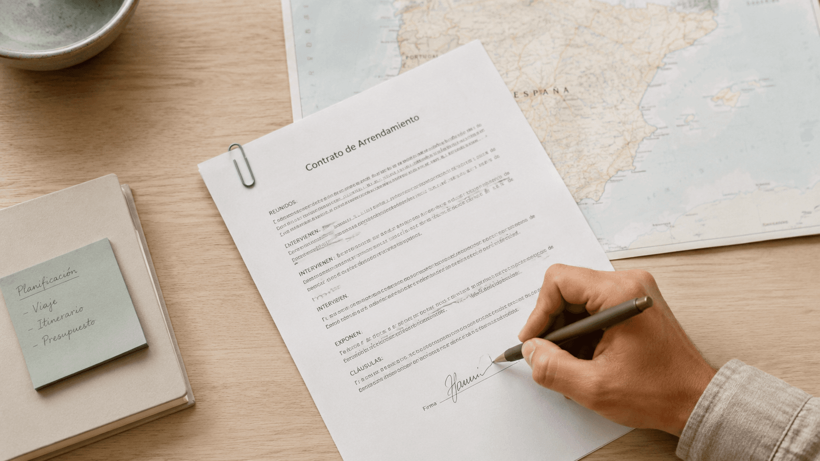 Una persona firma un contrato sobre una mesa de madera, junto a un mapa de España.