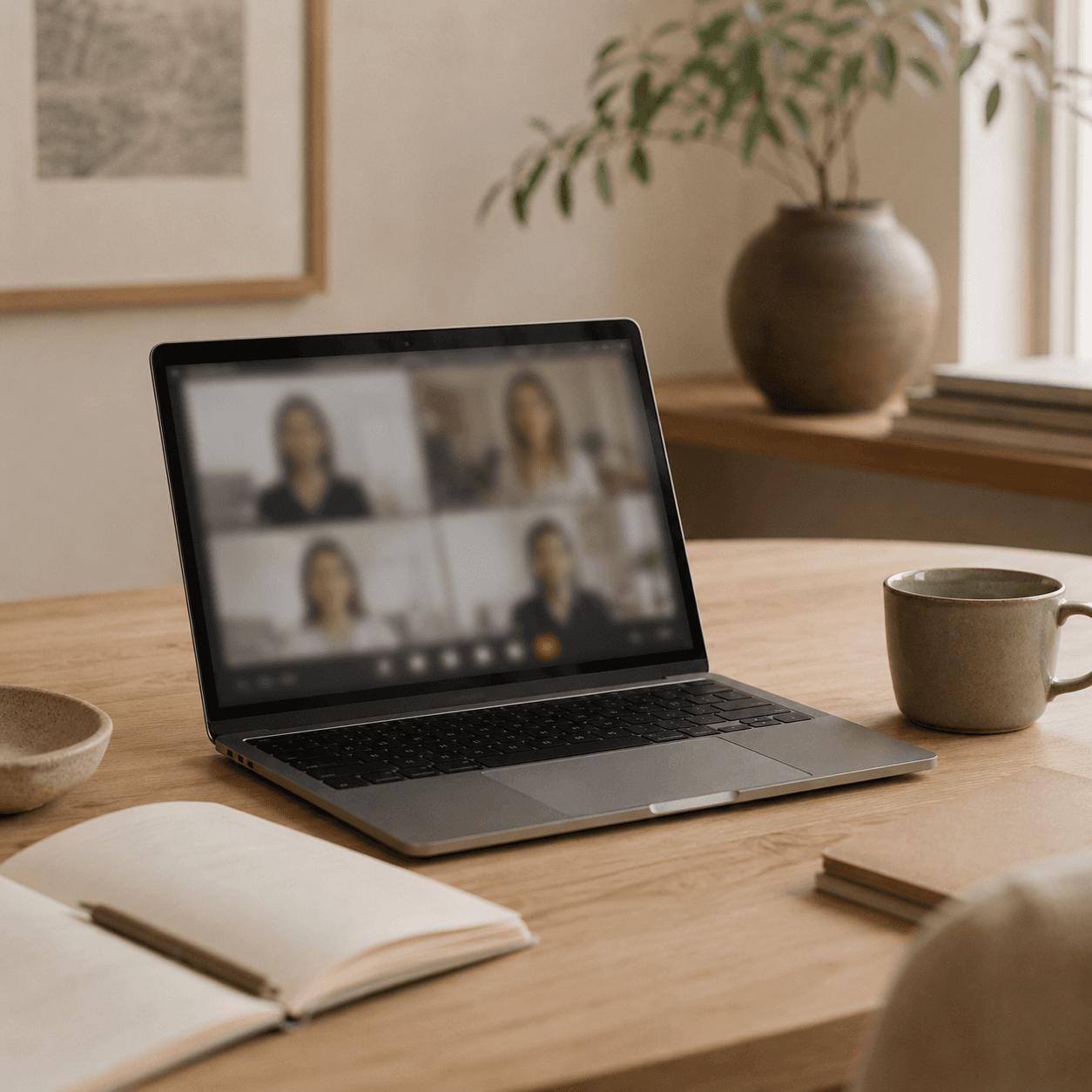 Un portátil abierto sobre una mesa mostrando una videollamada en curso, con una taza y una libreta al lado.